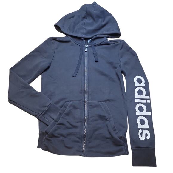Adidas Women’s Essentials Linear Hoodie XS Black Full Zip French Terry GUC - Picture 2 of 7